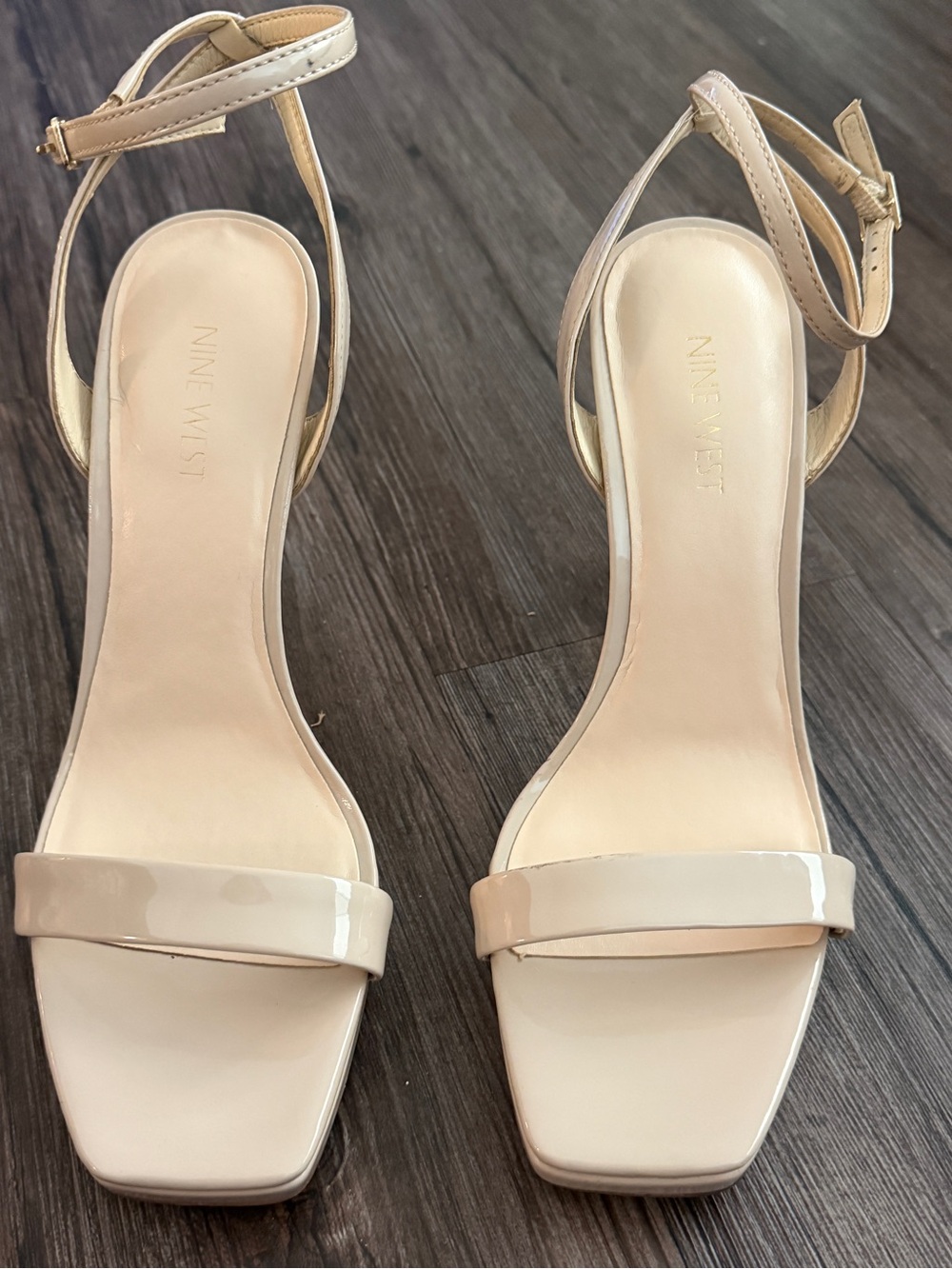 Nine West Nude Patent Ankle-Strap Block Heels